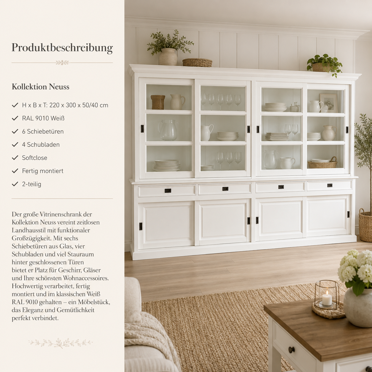 Zeitlose Eleganz – Landhaus Vitrinenschrank Neuss 300 cm Weiß Buffetschrank