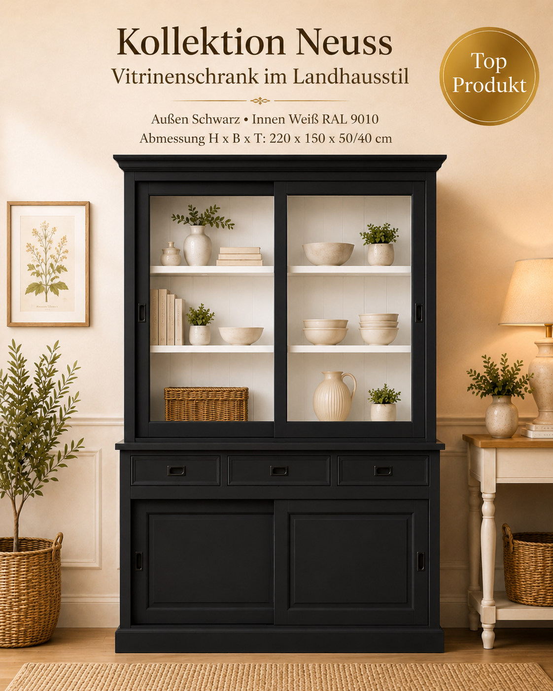 Landhaus Vitrinenschrank Neuss 150 cm Schwarz -Weiß Buffetschrank