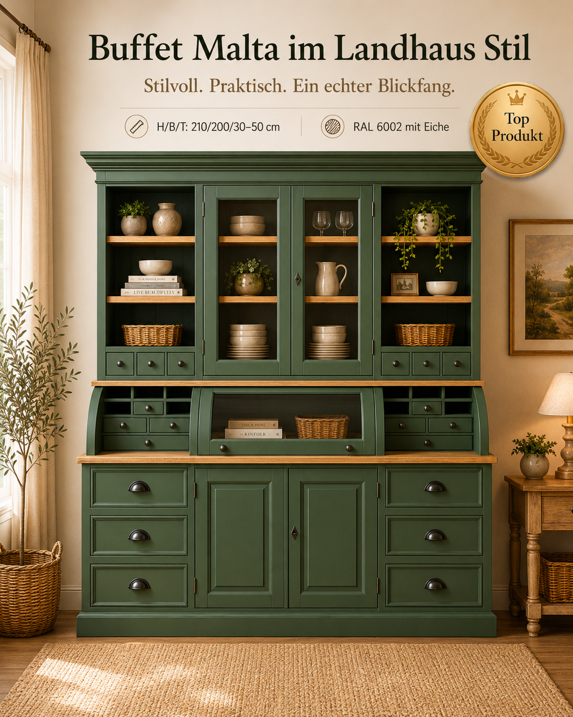 Landhaus Buffet Schrank Malta Ladenschrank laubgrün mit Eiche 200 cm
