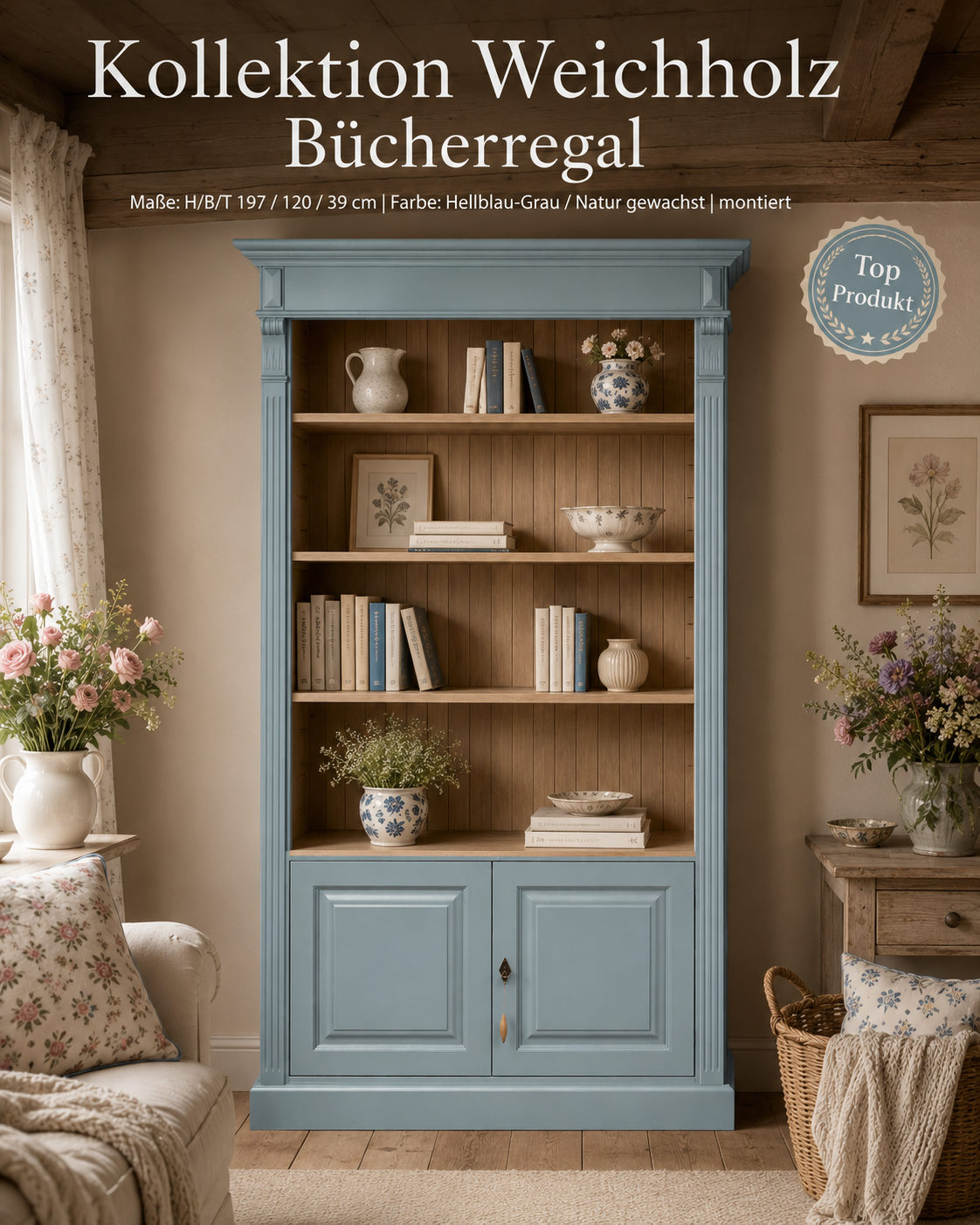 Bücherregal mit 2 Türen und Regalfläche - Landhaus Regal Blau