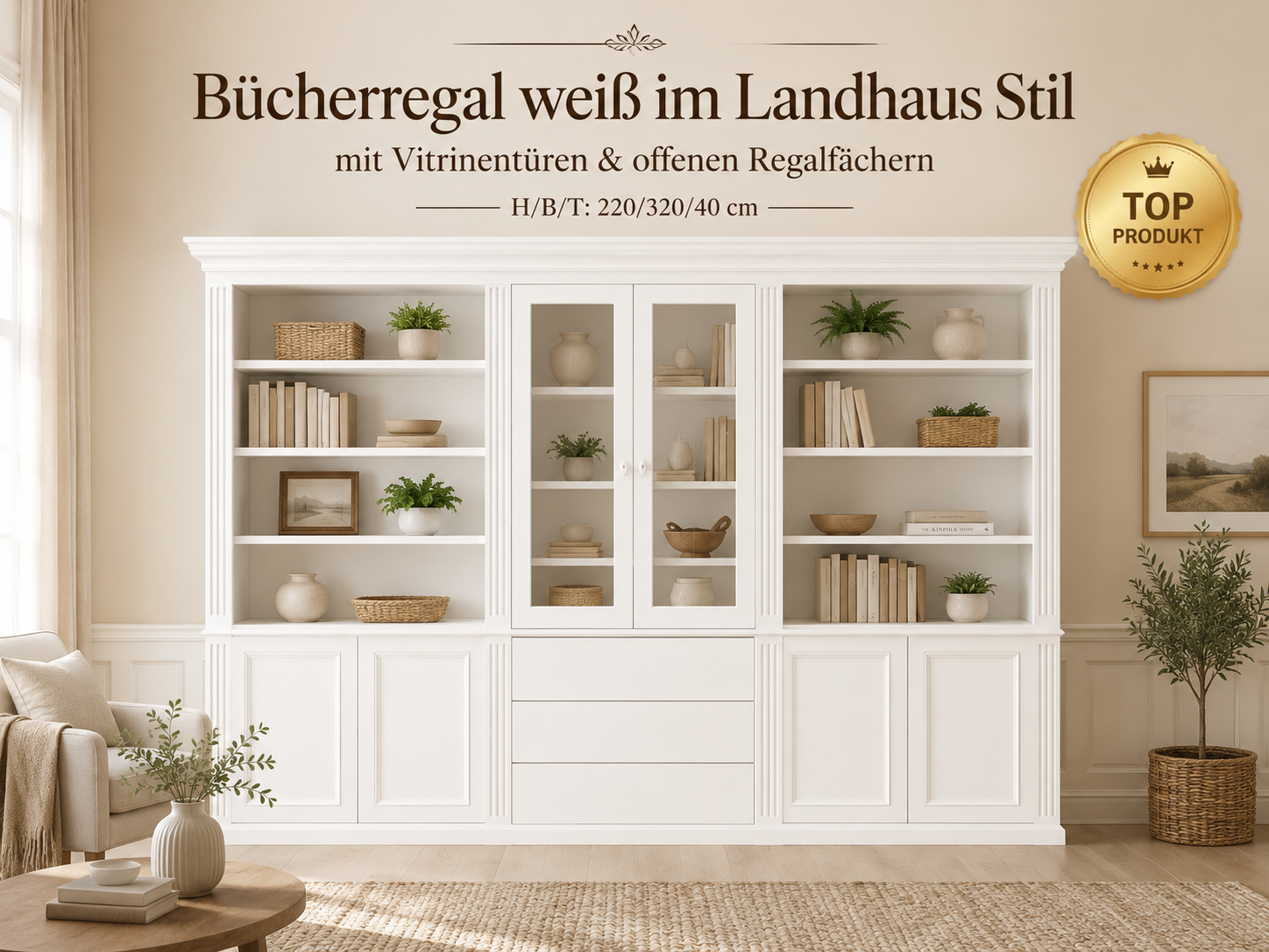 Bücherregal Hamburg 320 cm mit Glastüren weiss