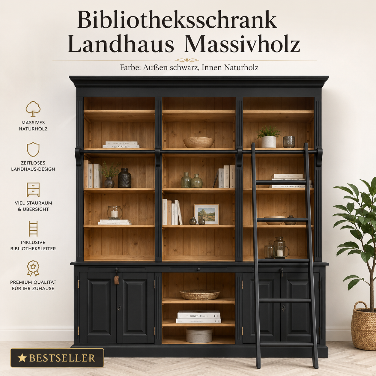 Landhaus Bücherschrank aus Massivholz in Schwarz mit Leiter – individuell & langlebig