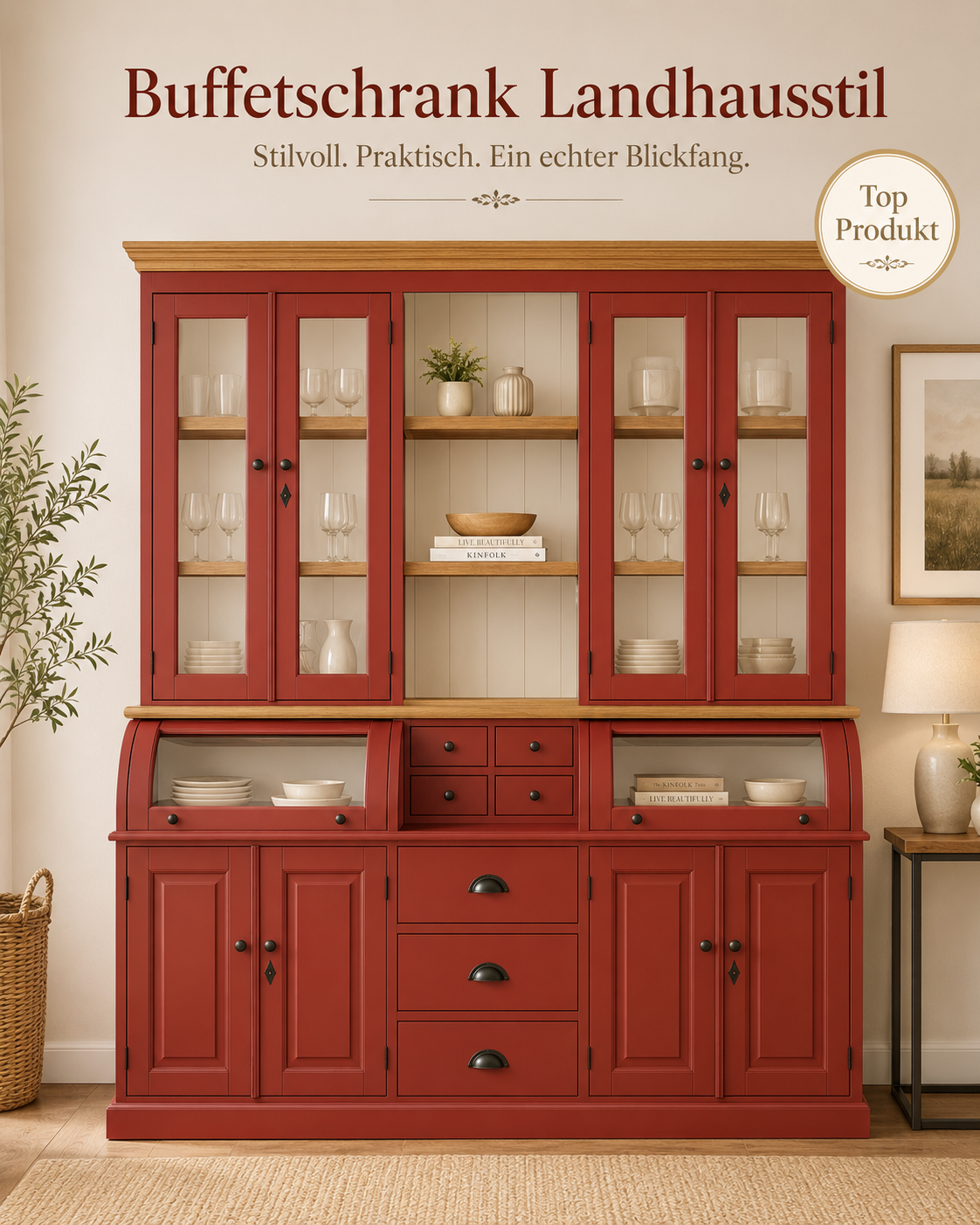 Landhaus Buffet Schrank Berlin 200 cm Rot mit Eiche- Landhaus Möbel