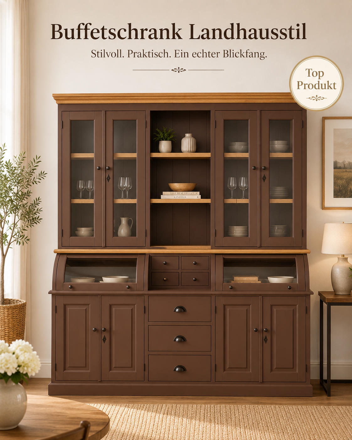 Landhaus Buffet Schrank Berlin 200 cm Kastanienbraun mit Eiche- Landhaus Möbel