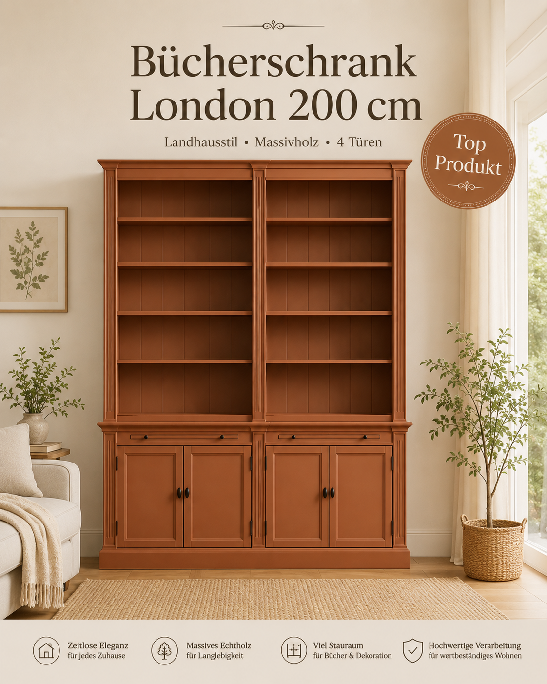 Bücherschrank London 200cm - 2-teiliges Bücherregal im Landhausstil  Kupferbraun