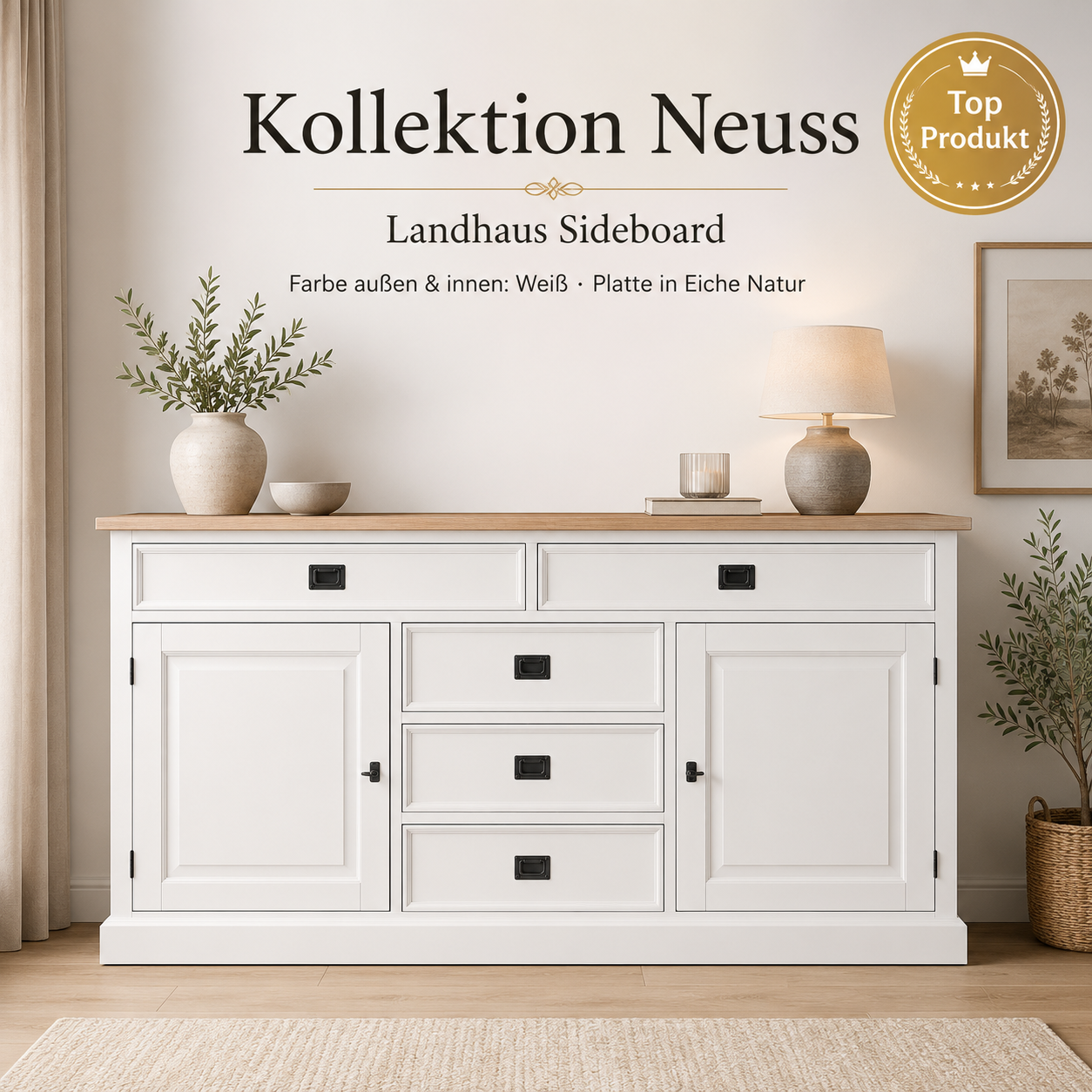 Sideboard Neuss weiss /eiche 180 cm mit Schiebetüren im Landhaus Stil