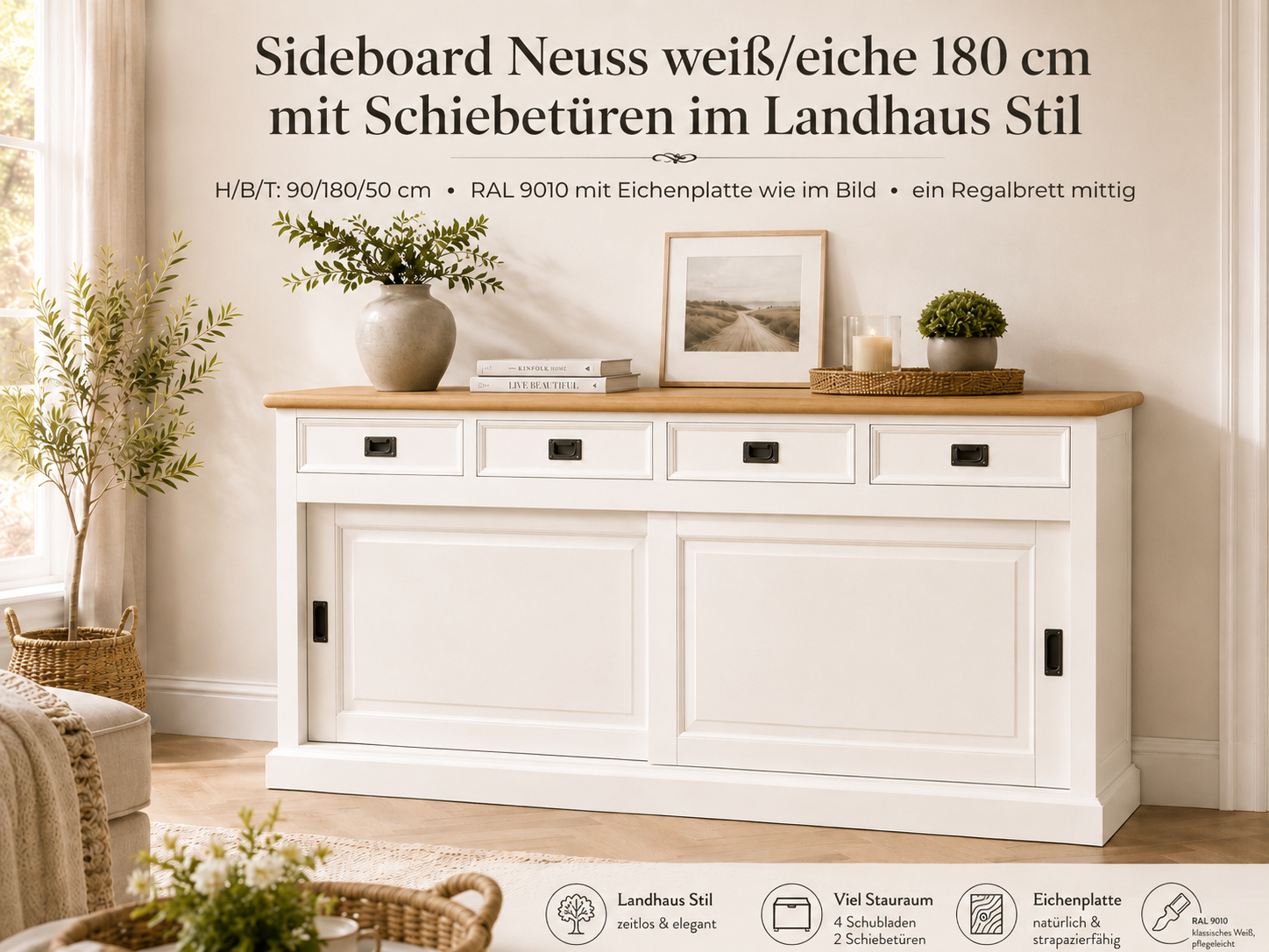 Sideboard Neuss weiss/eiche 180 cm mit Schiebetüren im Landhaus Stil