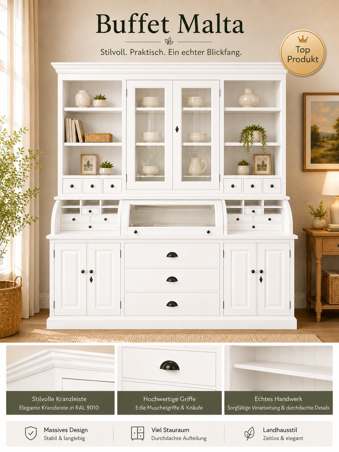 Landhaus Buffet Schrank Malta Ladenschrank weiss 200 cm