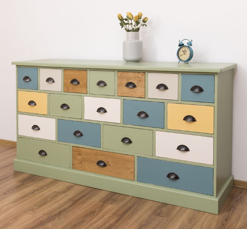 Apothekerschrank mehrfarbig 180 cm breit, 19 Schubladen Kommode Landhaus