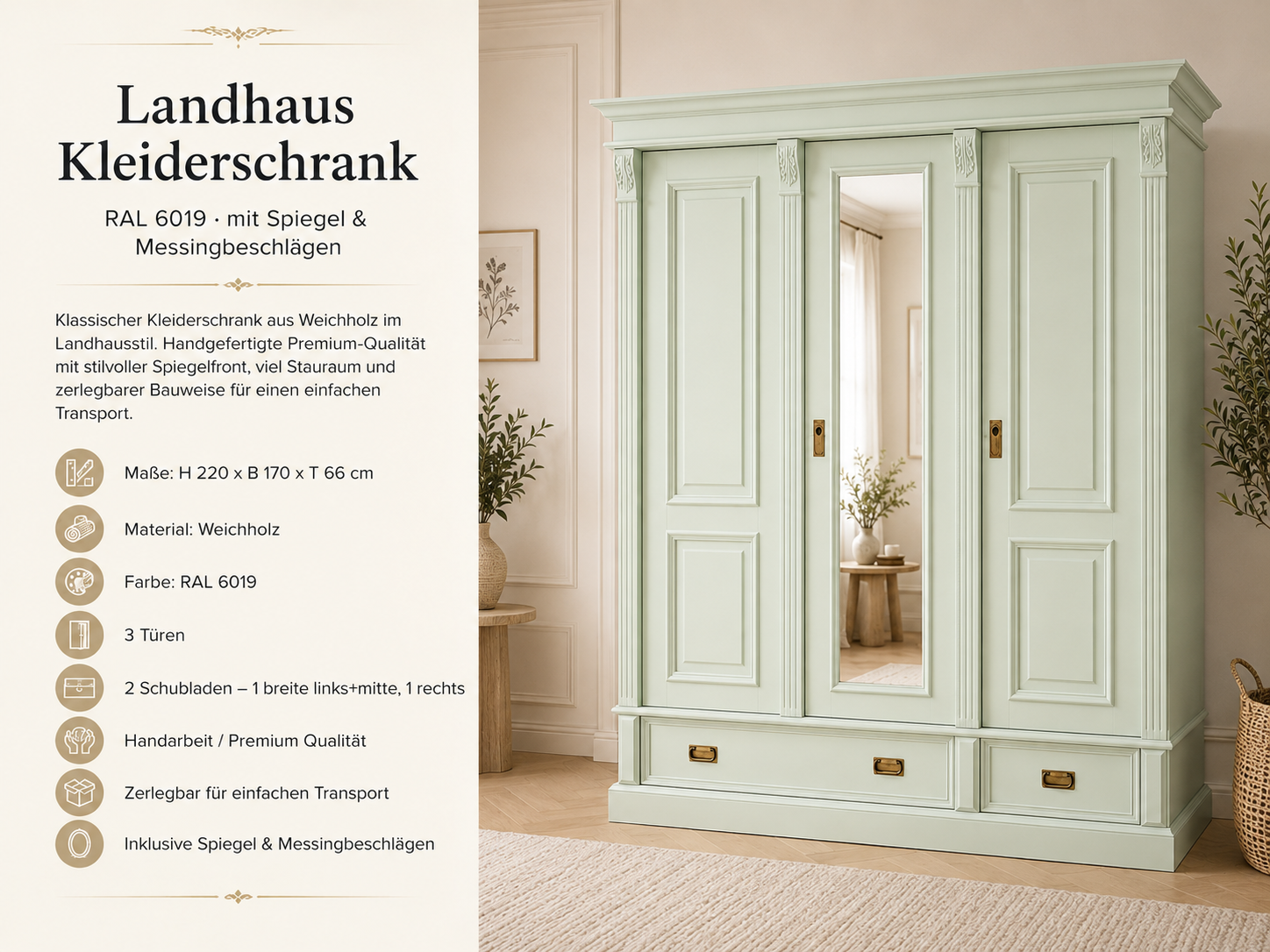 Premium 3-türiger Kleiderschrank Weißgrün – Weichholz, Landhausstil, mit Spiegel & 3 Schubladen