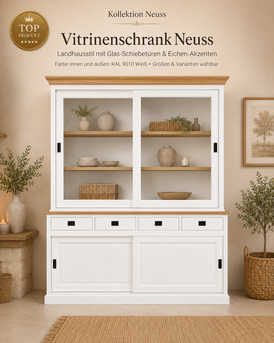 Vitrinen Schrank Neuss weiß/eiche ab 120 cm - Buffetschrank Größen & Varianten wählbar