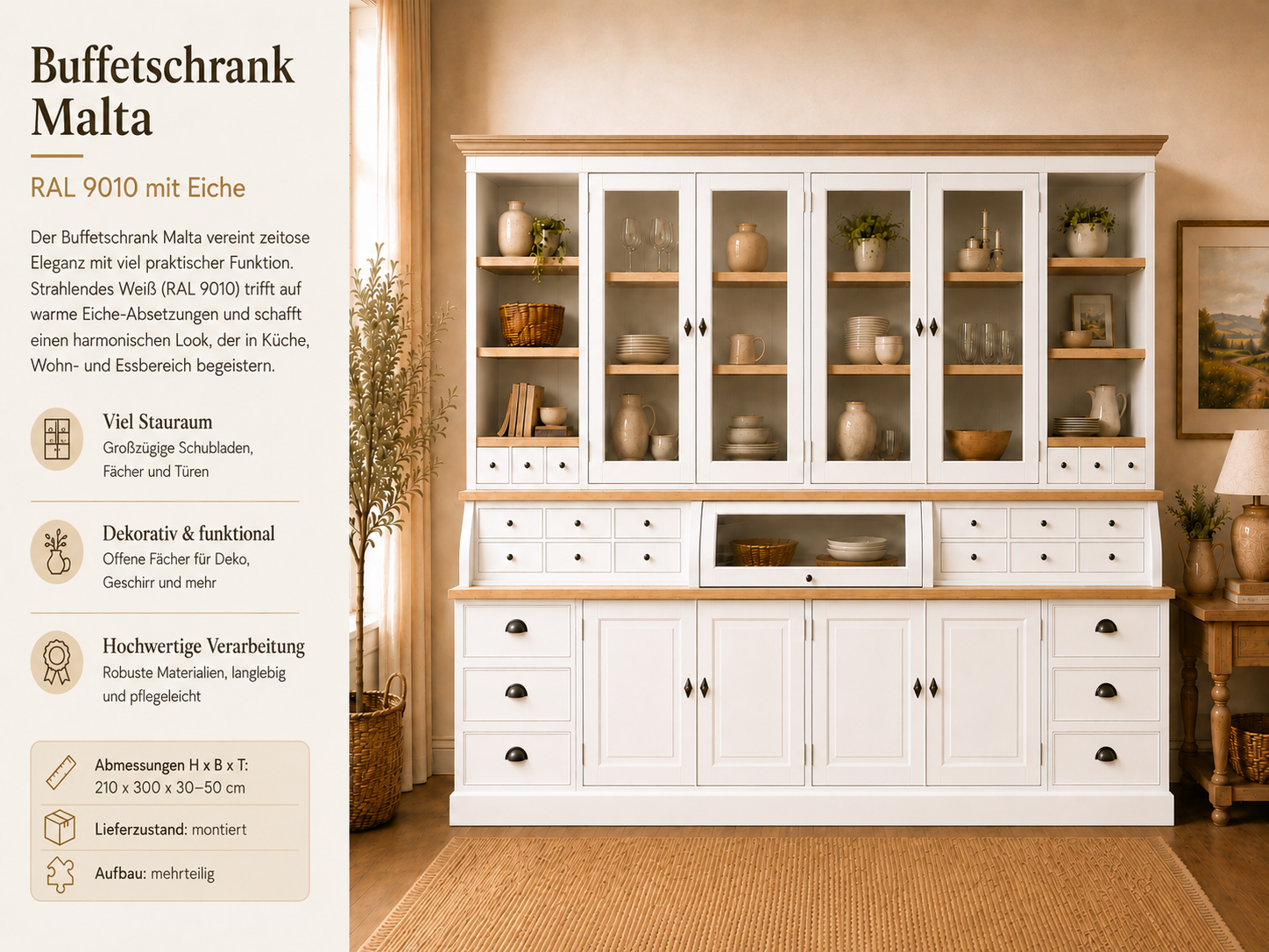 Landhaus Buffet Schrank Malta Ladenschrank weiss mit Eiche 300 cm