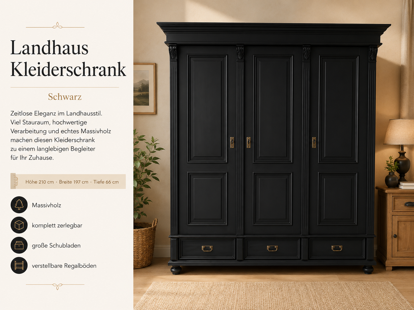Premium Landhaus Kleiderschrank 3-türig, schwarzer Massivholz Schrank im Landhaus Stil