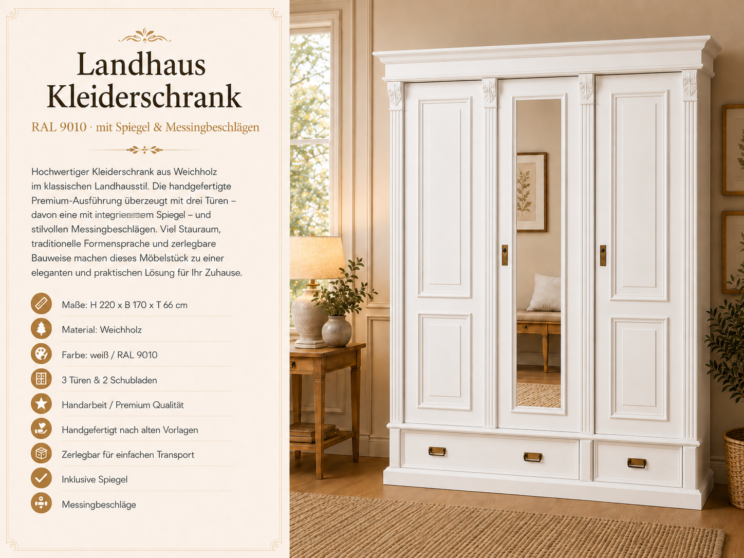 Premium 3-türiger Kleiderschrank Weiß – Weichholz, Landhausstil, mit Spiegel & 3 Schubladen