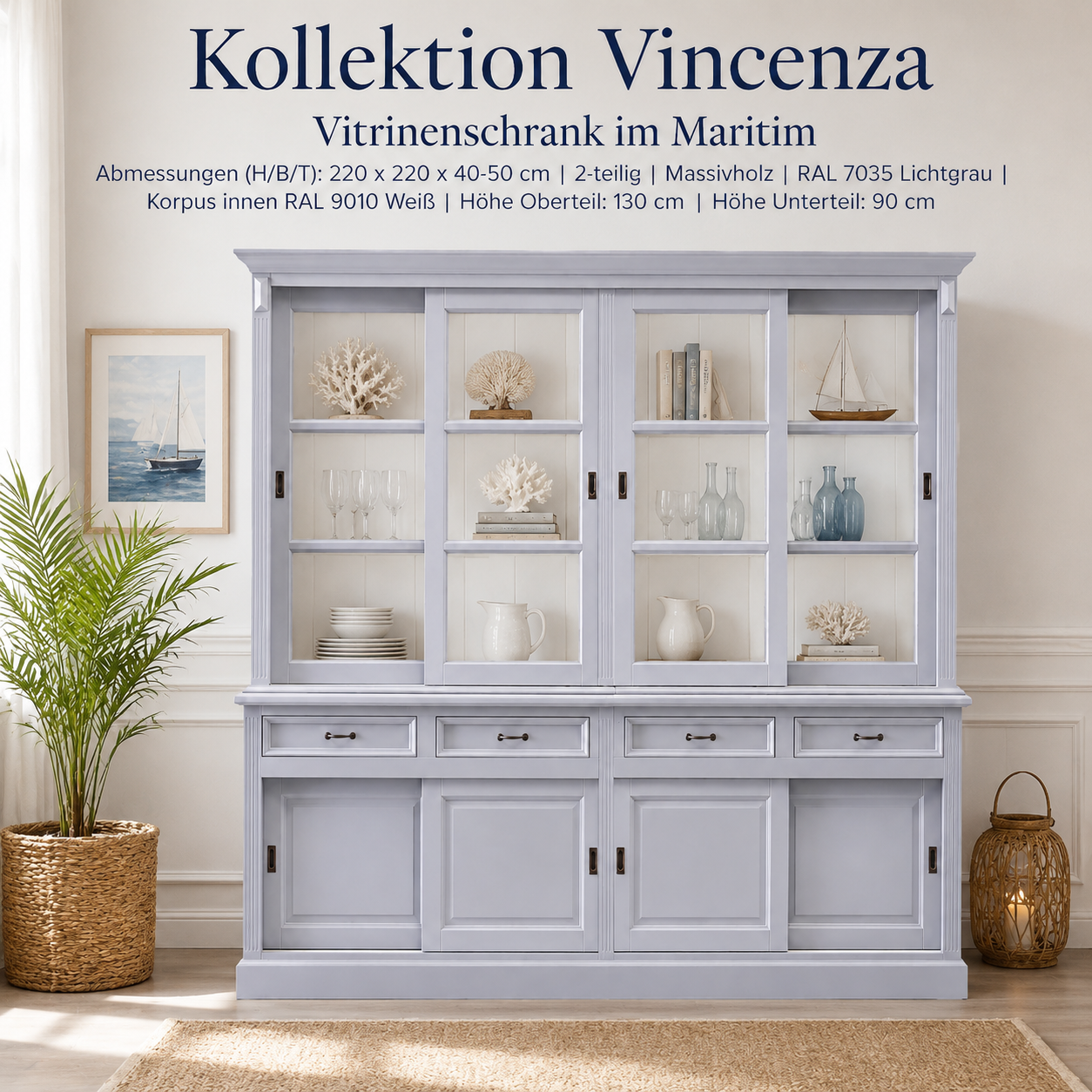 Vitrinen Schrank Vincenza 220 cm Lichtgrau/weiß Landhaus Vitrine