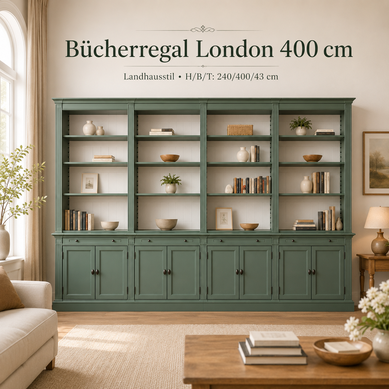 Bücherschrank London 400 cm - mehrteilig Bücherregal im Landhausstil  Patinagrün
