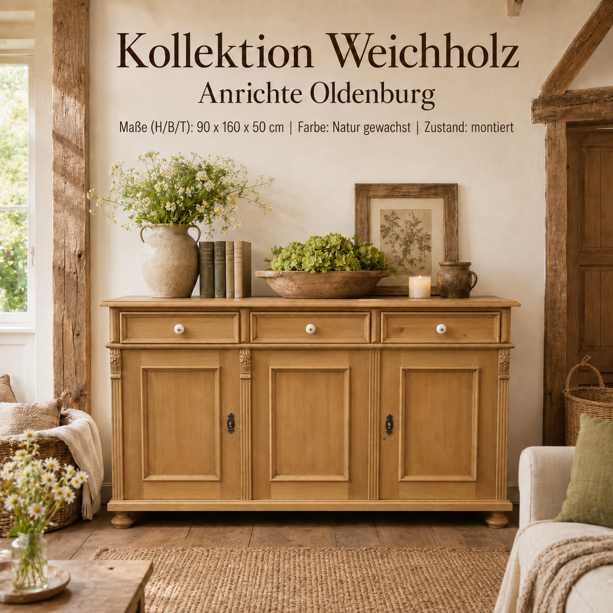Landhaus Anrichte Oldenburg Weichholz 160 cm Sideboard Kommode