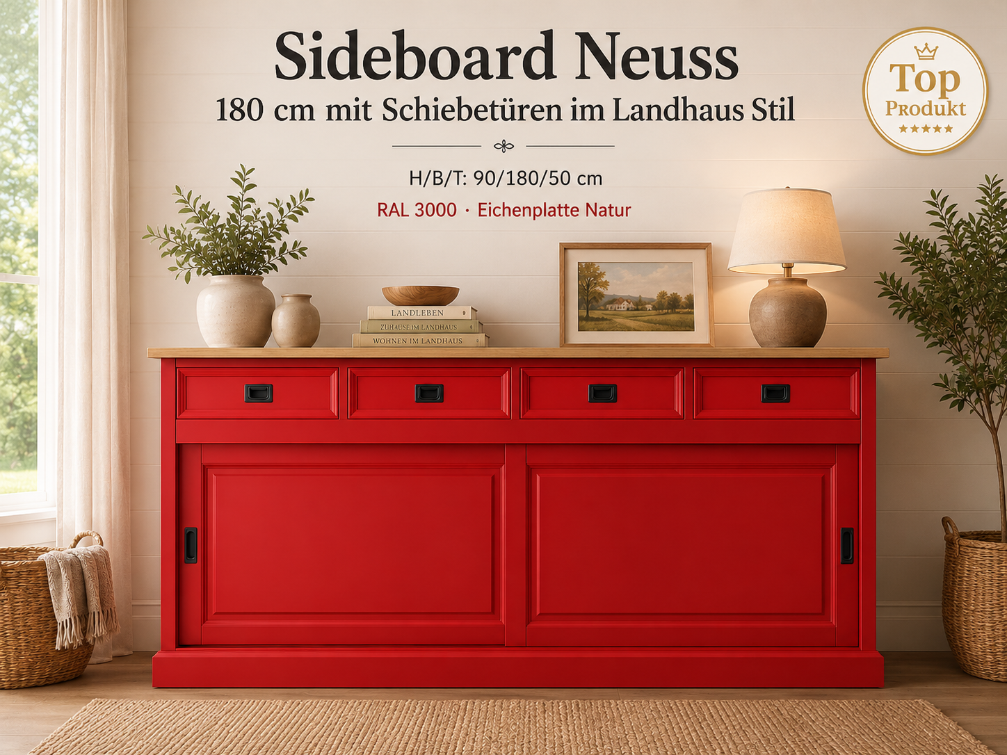 Sideboard Neuss feuerrot/eiche 180 cm mit Schiebetüren im Landhaus Stil  Kopie