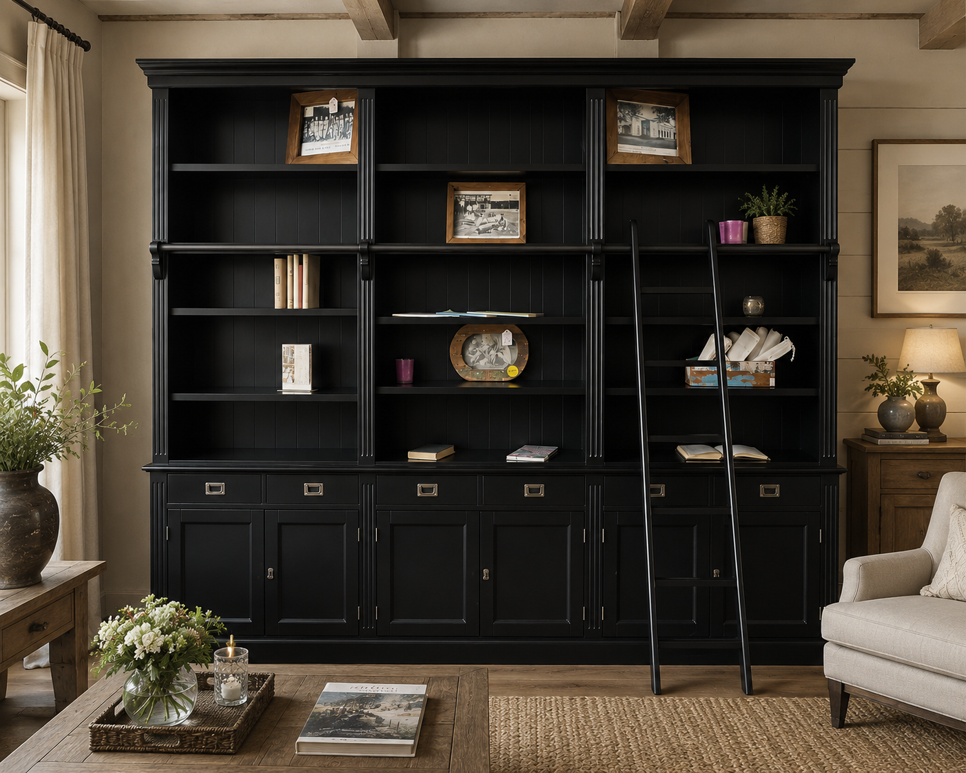 Bücherwand 300 cm Landhausstil Schwarz – Regalwand mit Leiter