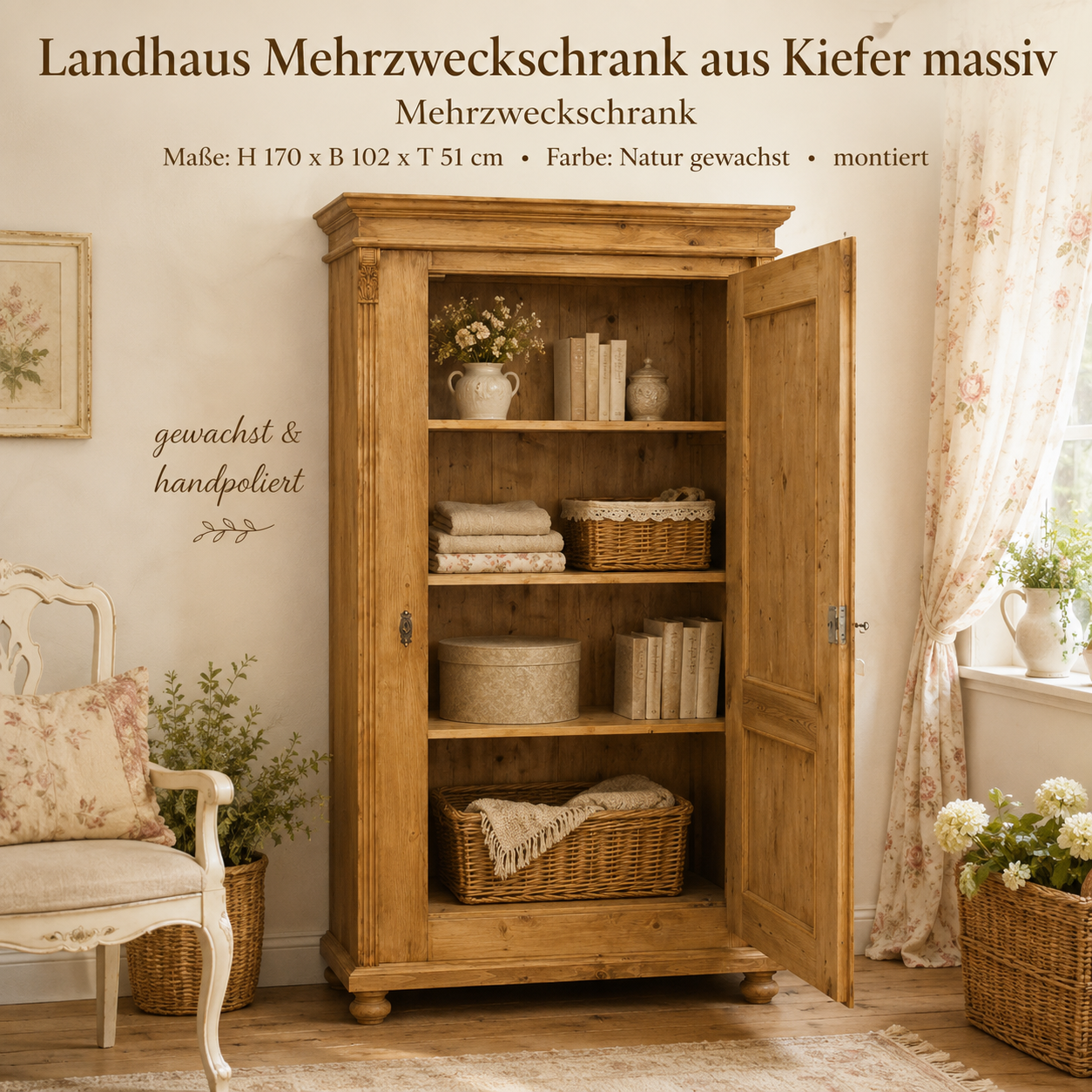 GründeLandhaus Mehrzweckschrank aus Kiefer massiv – Natur gewachst – Massivholz Dielenschrank mit verstellbaren Einlegebödenrzeit Schrank aus Weichholz