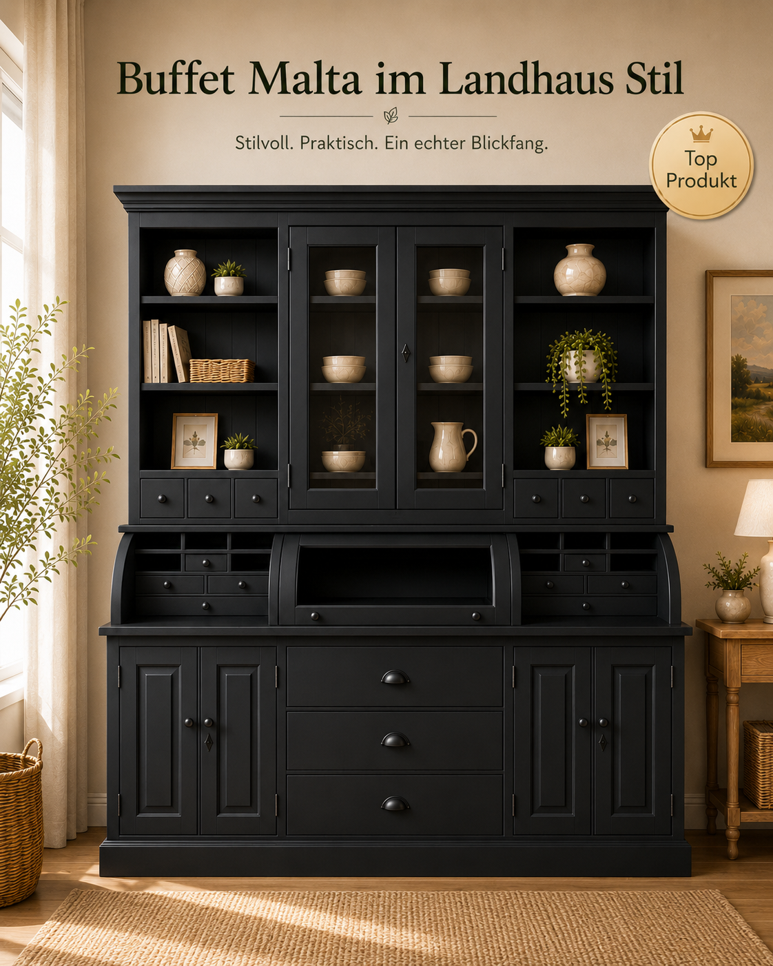 Landhaus Buffet Schrank Malta Ladenschrank schwarz 200 cm