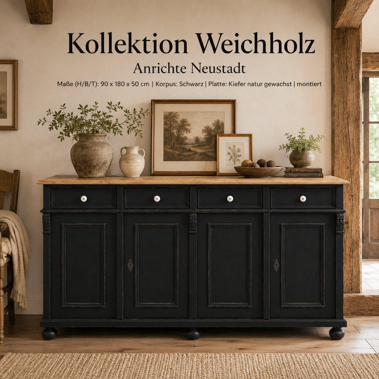 Landhaus Anrichte Neustadt aus Weichholz 180 cm Sideboard schwarz