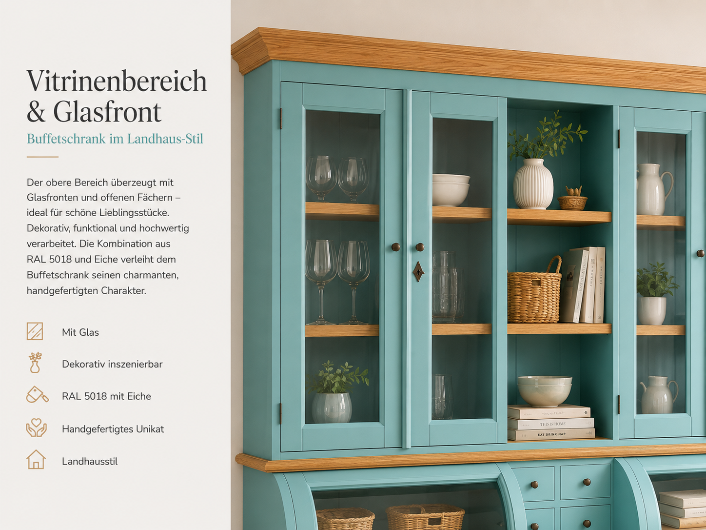 Buffet Schrank Berlin 200 cm türkisblau mit Eiche