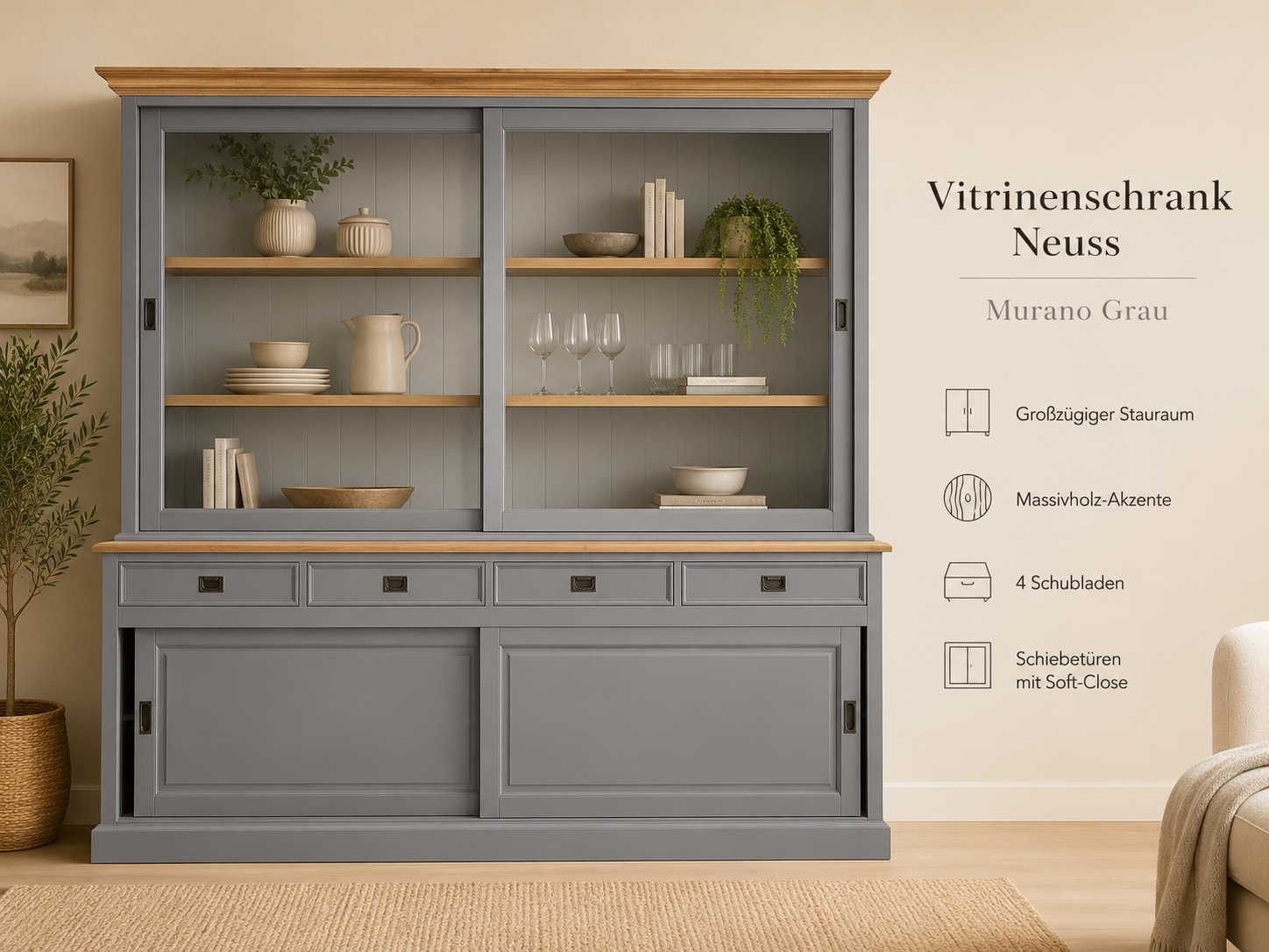 Vitrinenschrank Neuss grau/eiche 260 cm - Glasvitrine Wohnzimmer Vitrine