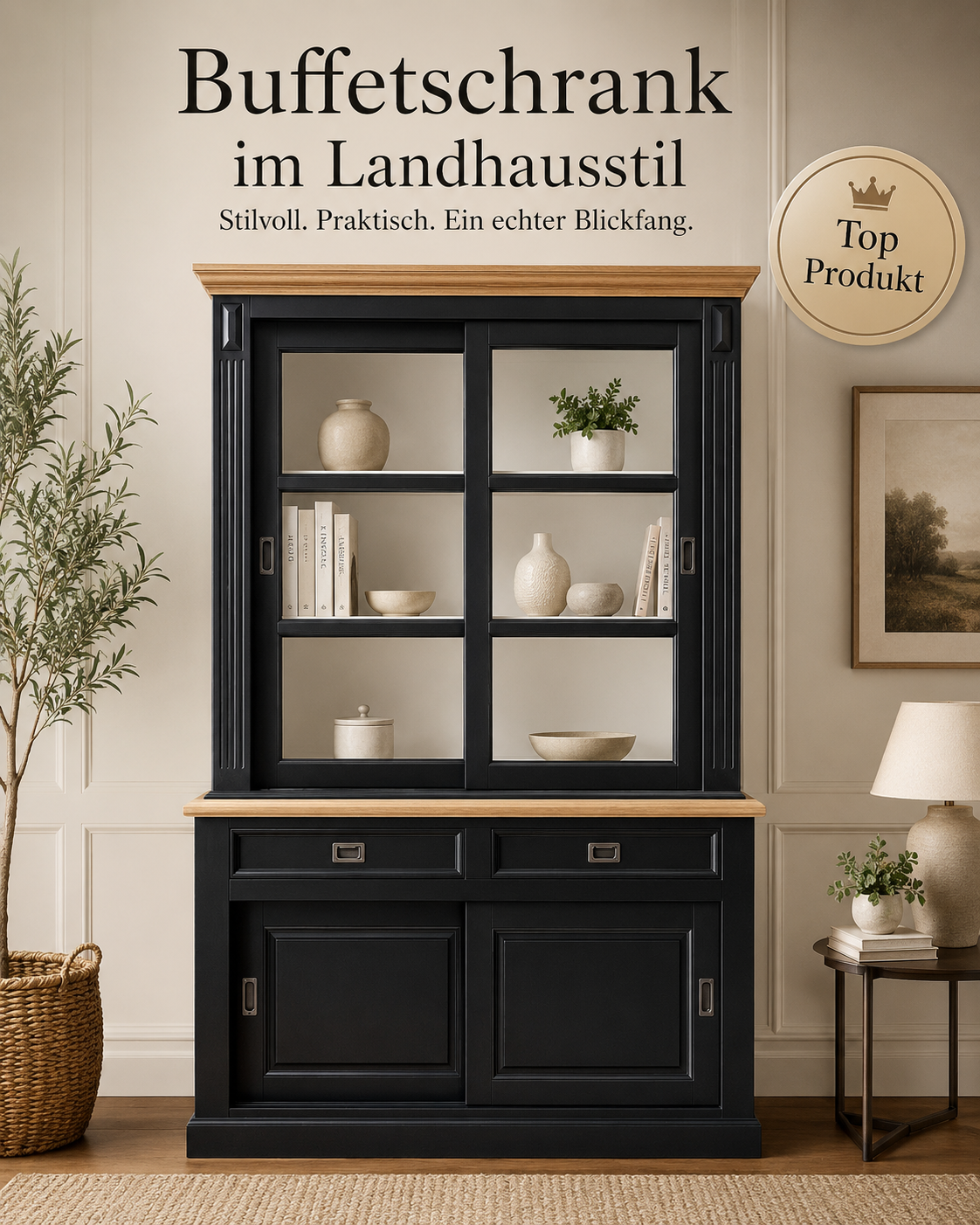 Vitrinen Schrank Vincenza 150 cm Landhaus  - Schwarz / Eiche