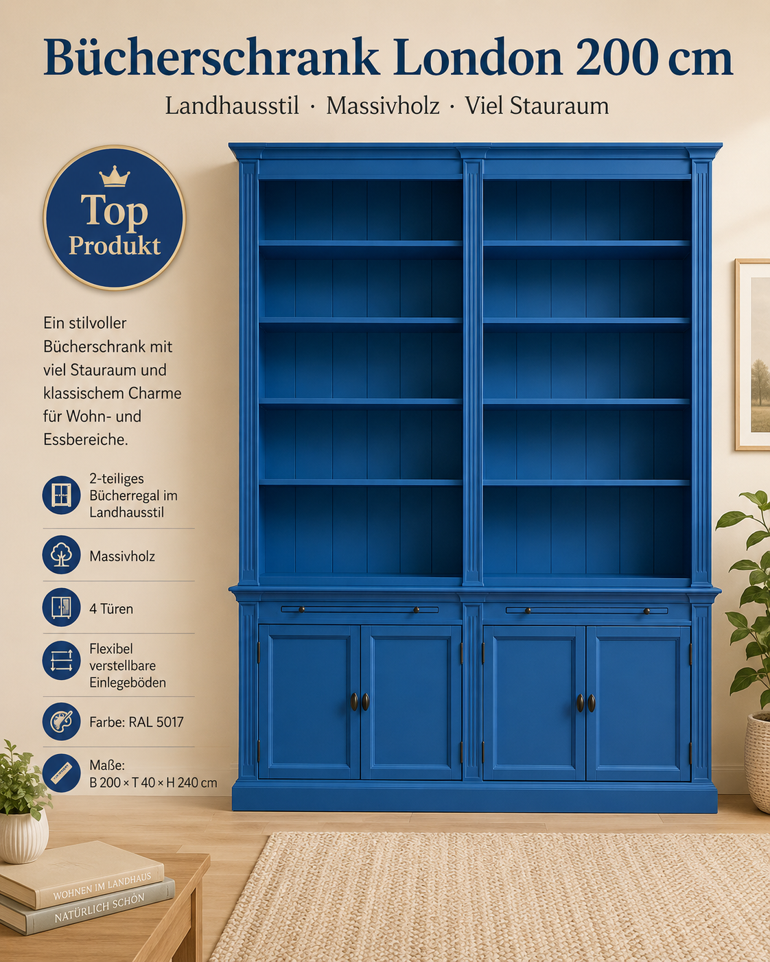 Bücherschrank London 200cm - 2-teiliges Bücherregal im Landhausstil  blau