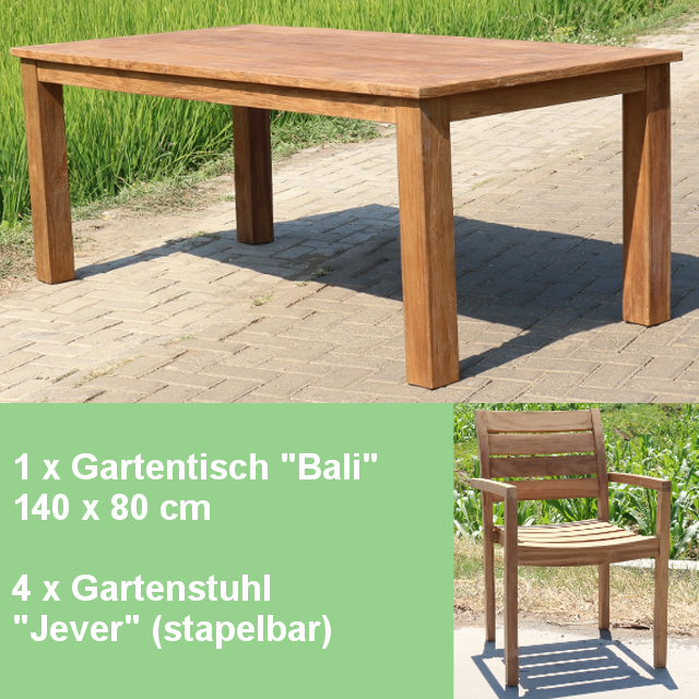 Gartenmöbel Set - Teak Tisch 140cm und 4 Stapel Stühle Jever Teakmöbel Outdoor