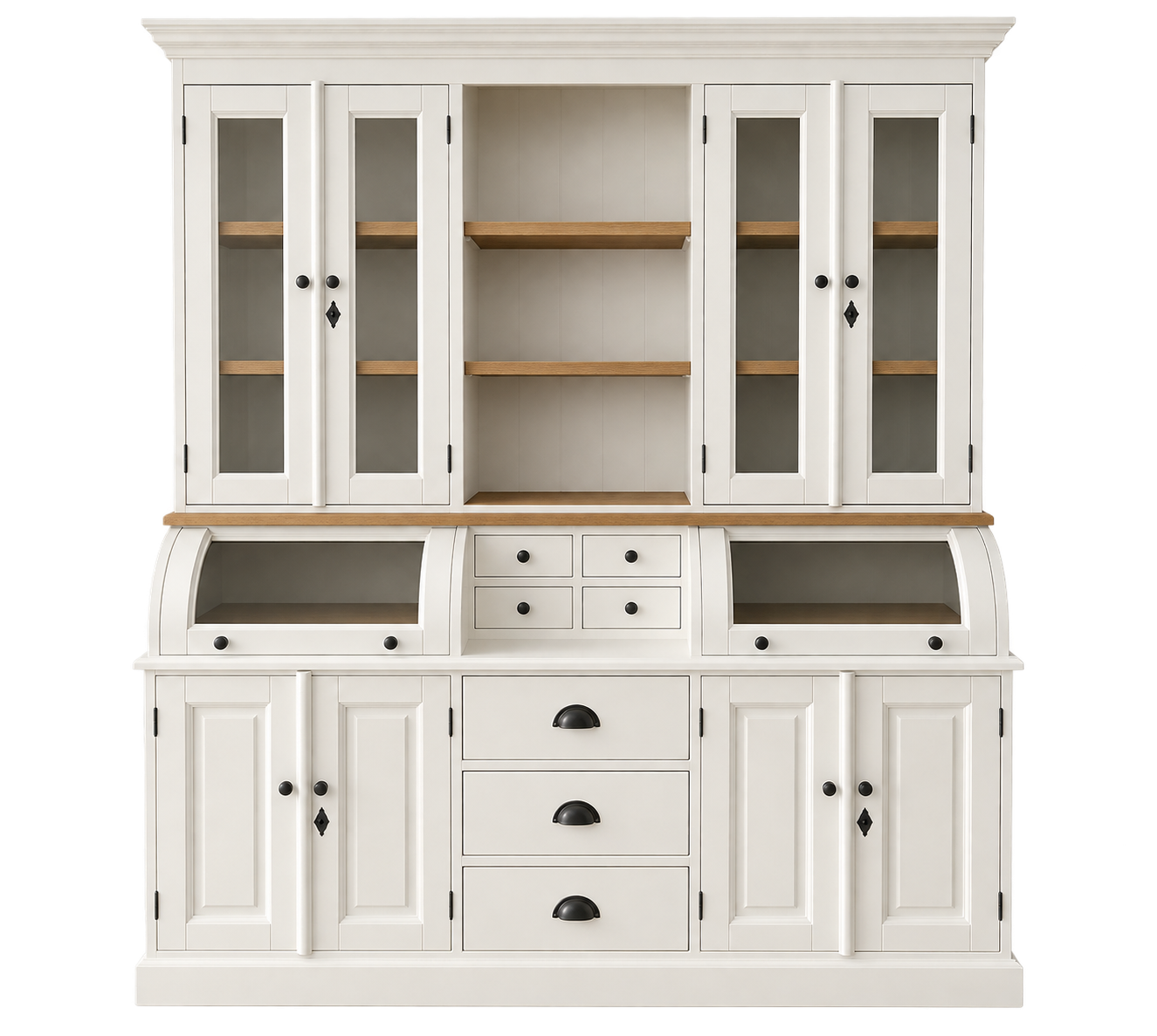 Buffet Berlin Landhausstil Weiß mit Eiche – Buffetschrank mit Glastüren, Brotkästen und Schubladen