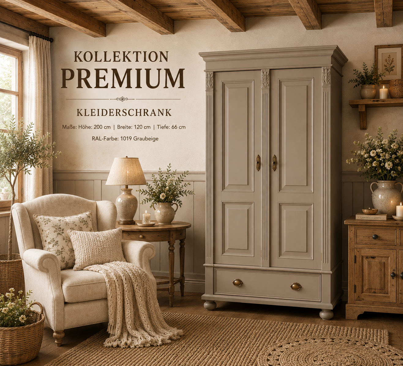 Premium 2-türiger Kleiderschrank graubeige– Weichholz, Landhausstil 120 cm