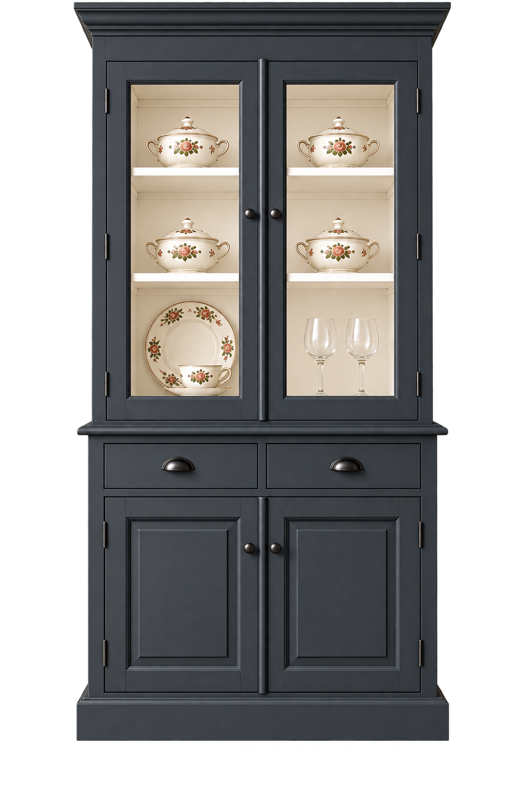 Vitrinen Schrank London Anthrazitgrau/ grauweiß – Landhausstil, 2 Schubladen, 100 breit