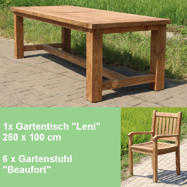 Gartenmöbel Set - Tisch Leni 250cm und 6 x Stuhl Beaufort Outdoor Teakmöbel