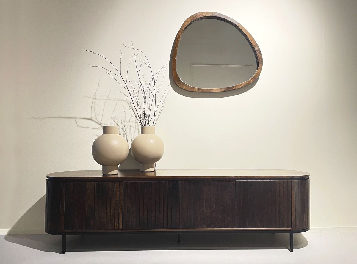 Noor Sideboard 170 cm Mangoholz 3 Türen Anrichte Mattpolitur Kommode Retro- Stil Dunkelfarbig