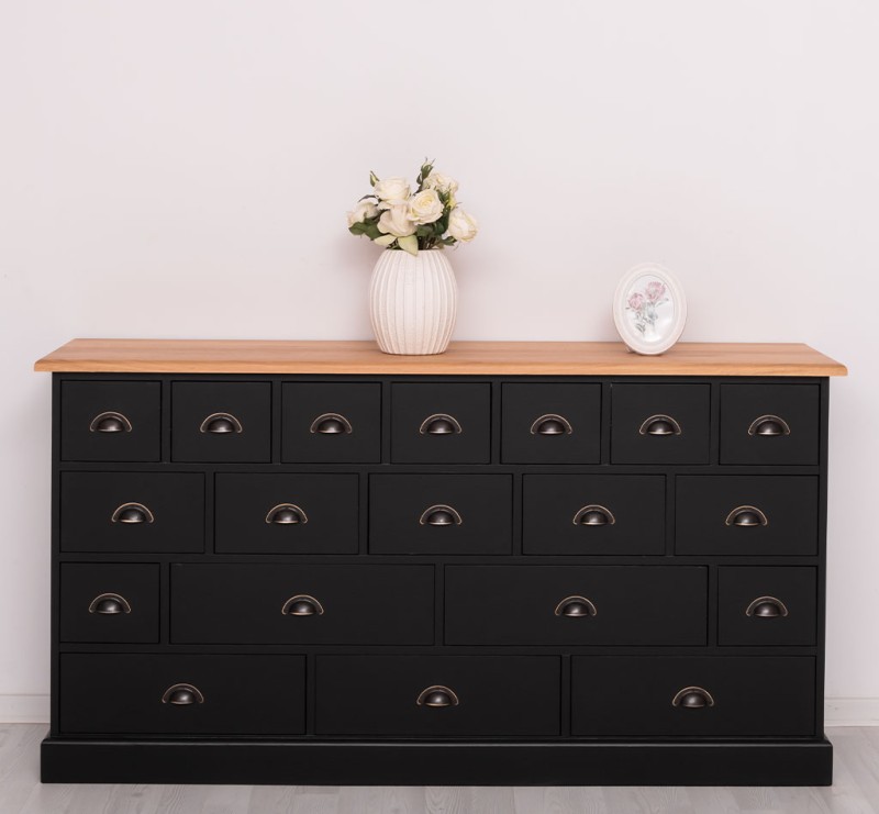 Apothekerschrank mit Eichenplatte 180 cm breit, 19 Schubladen Kommode Landhaus