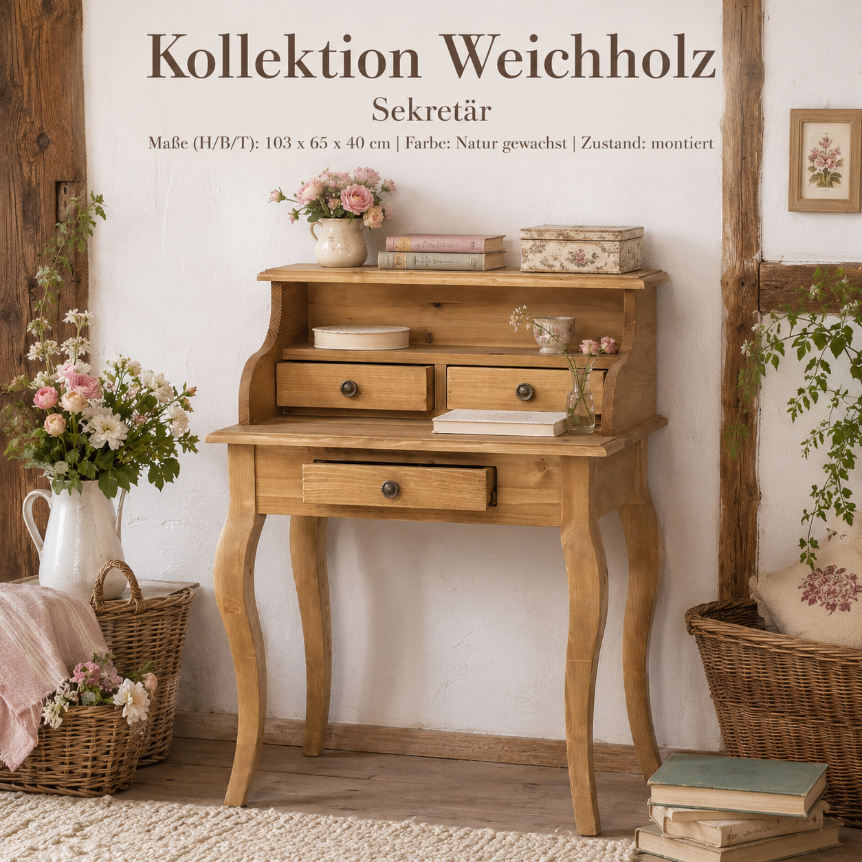 Sekretär Weichholz Natur gewachst – Landhaus Sekretär aus Kiefernholz
