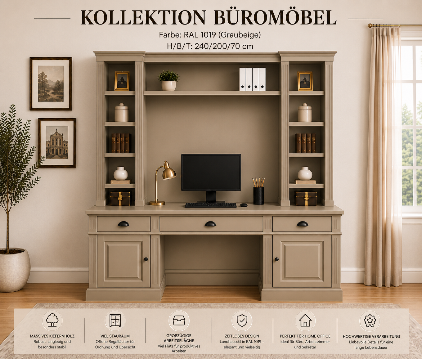 Landhaus Schreibtisch mit Regalaufsatz aus Kiefernholz – graubeige – 200 cm breit