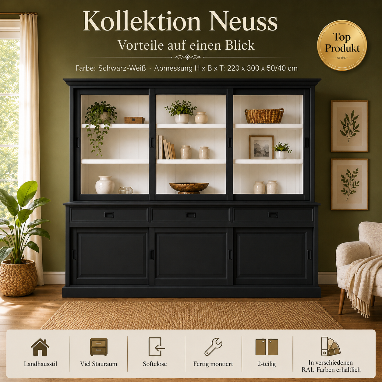 Vitrinenschrank Neuss 300 cm schwarz-weiß, Vitrine