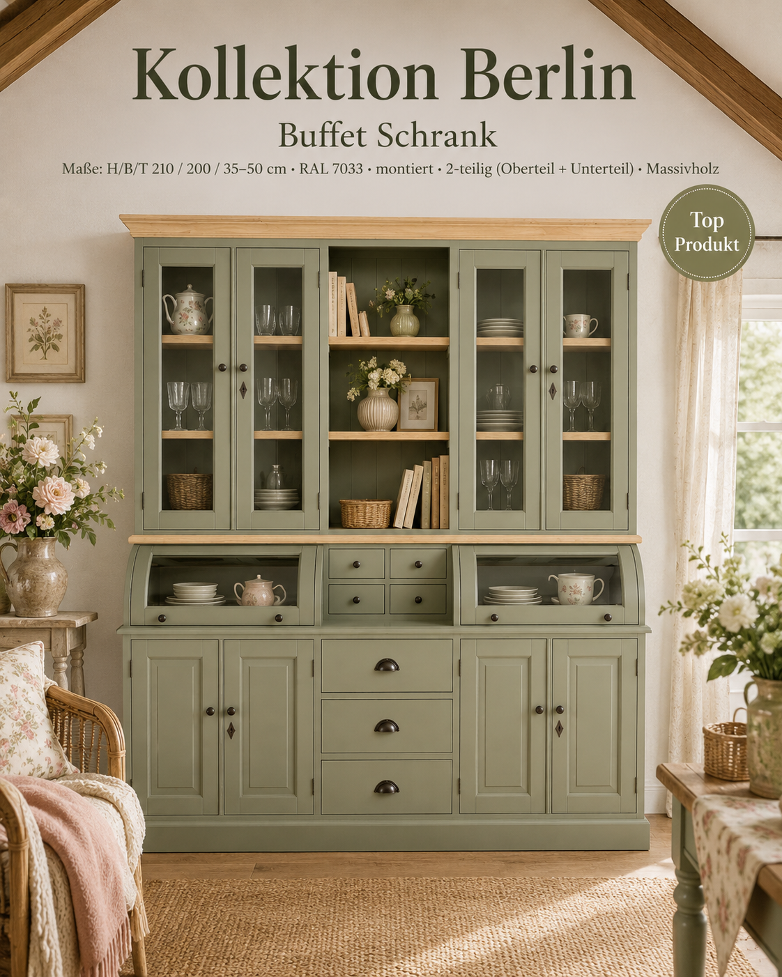 Buffet Schrank  Berlin 200cm Graugrün/Eiche - Landhaus Möbel