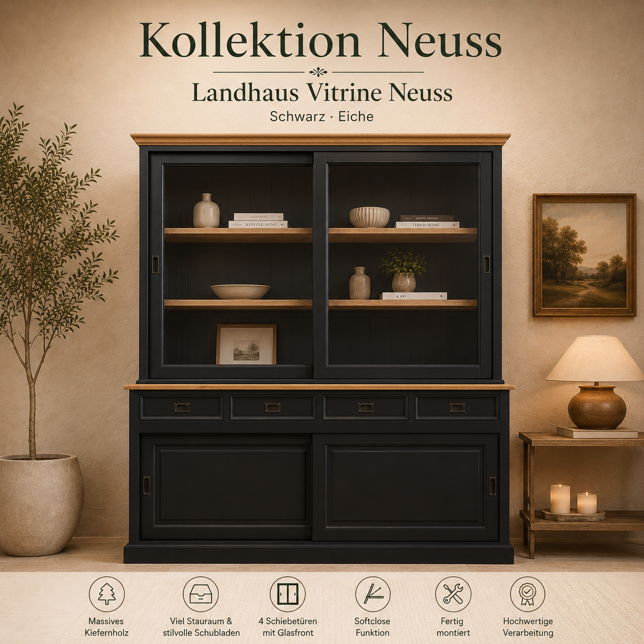 Vitrinen Schrank Kollektion Neuss 200 cm schwarz/eiche