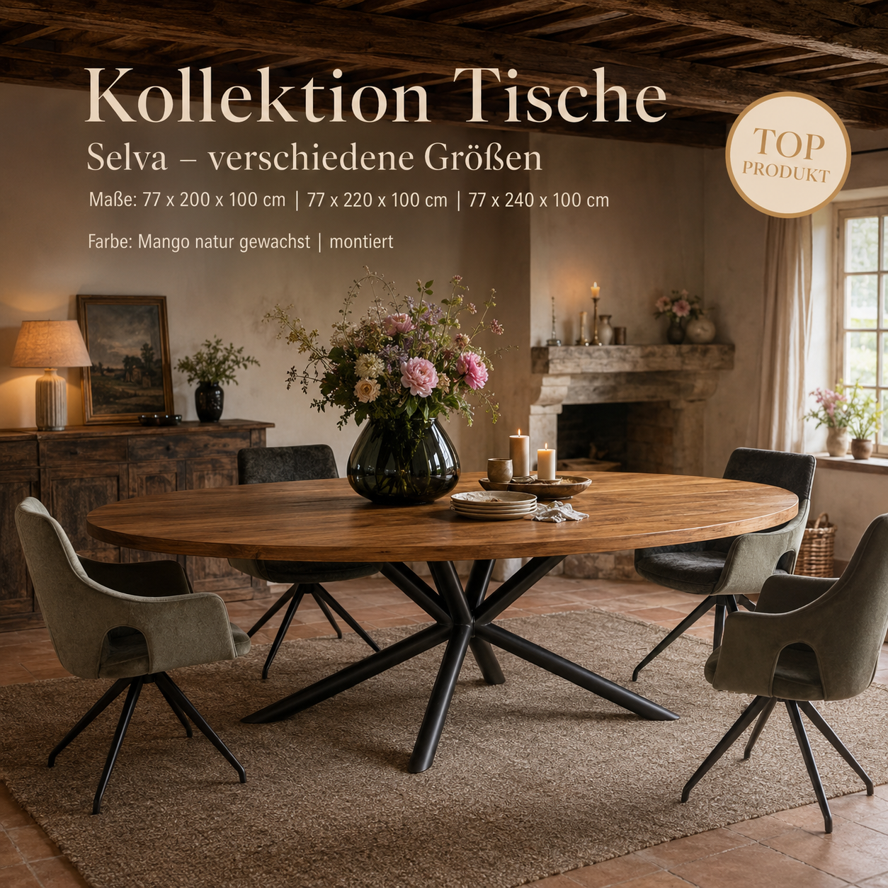 Esstisch Selva in verschiedenen Abmessungen - mit Metallgestell