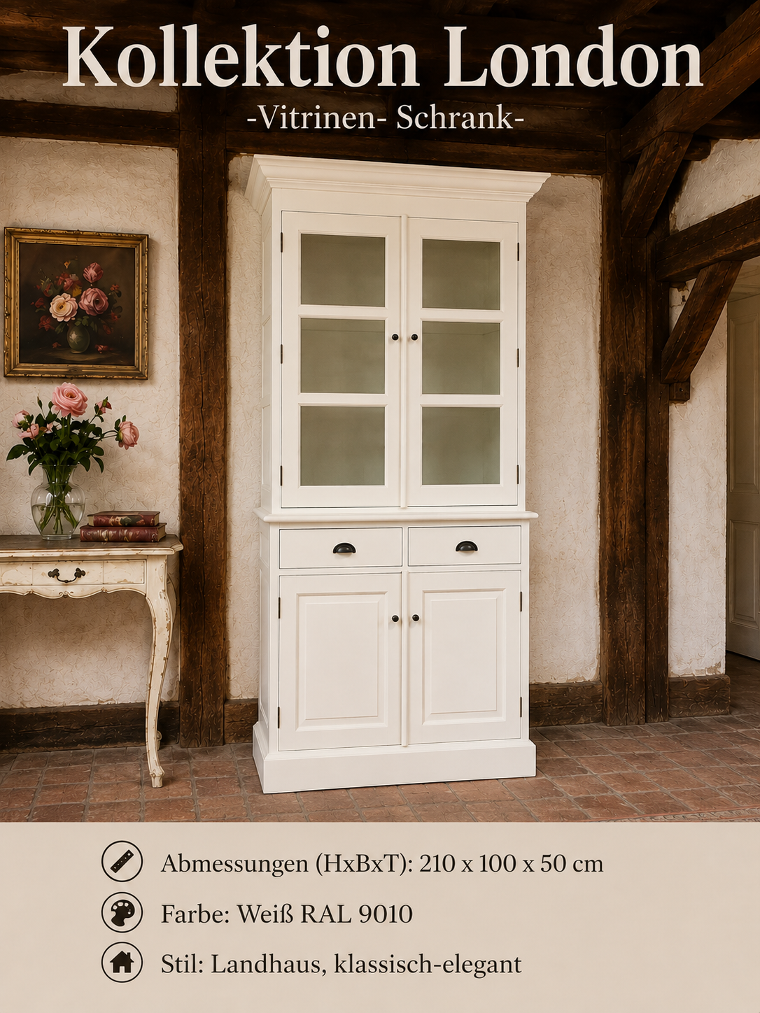 Vitrinenschrank London Weiß RAL 9010 – Landhausstil, 2 Schubladen & 4 Türen