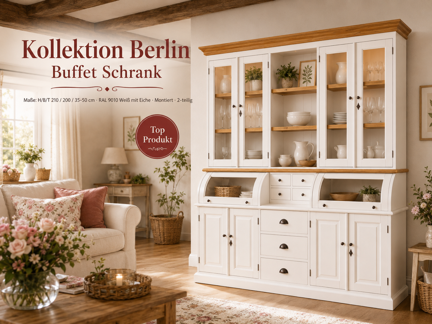 Buffet Schrank Berlin 200 cm weiss mit Eiche