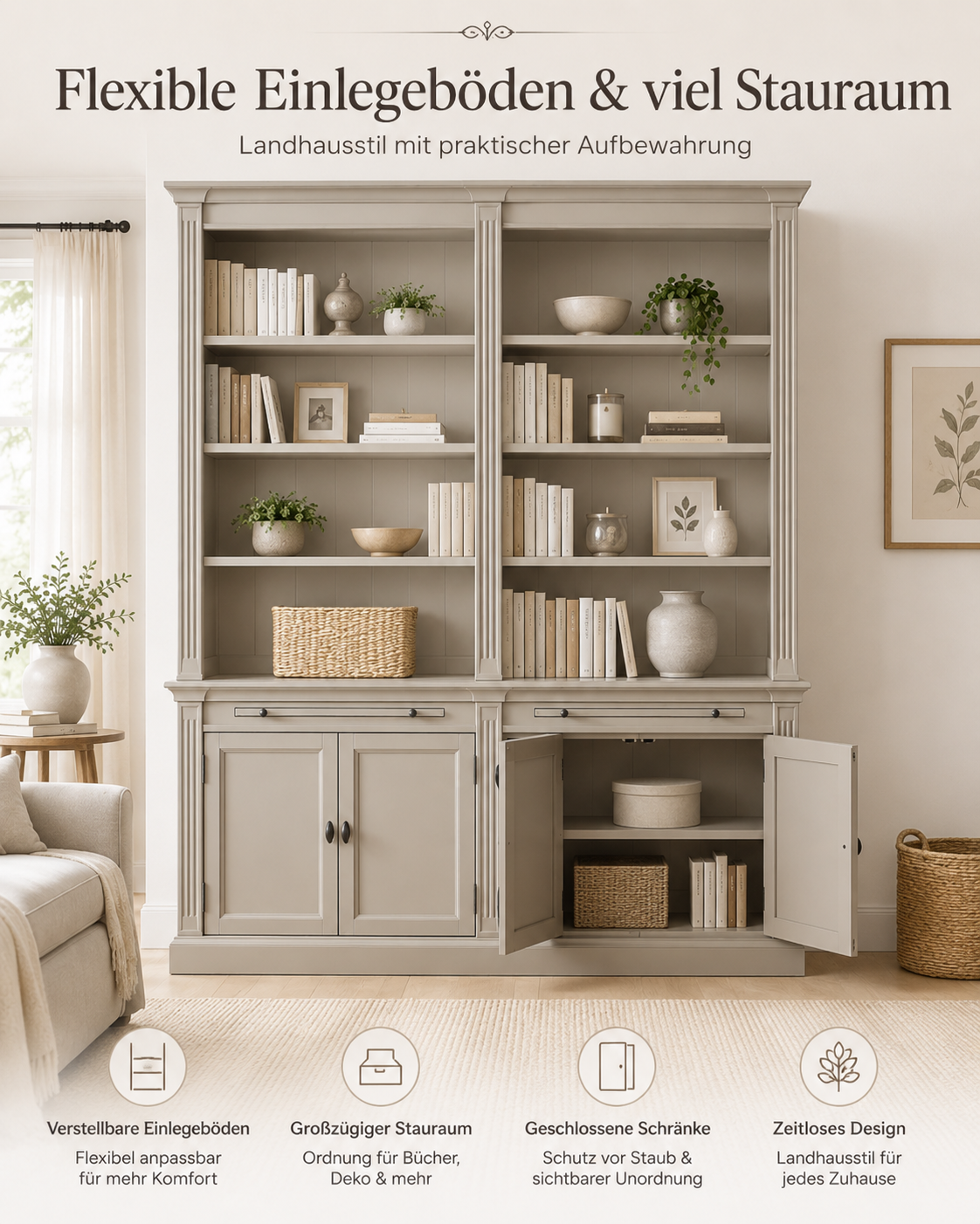 Bücherschrank London 200cm - 2-teiliges Bücherregal im Landhausstil, graubeige
