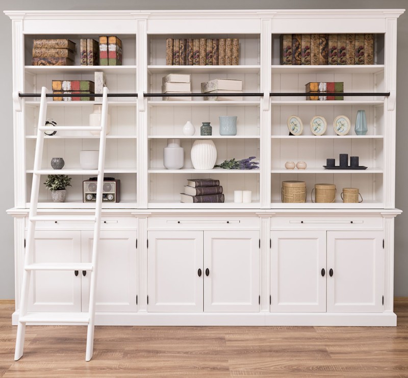 Bücherwand Landhaus Stil weiß 300cm Massivholz Regal mit Leiter