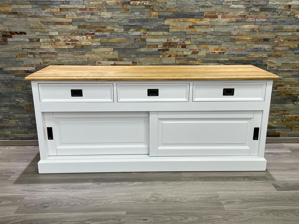 TV Board Neuss 165 cm weiß/eiche - Lowboard mit Schiebetüren
