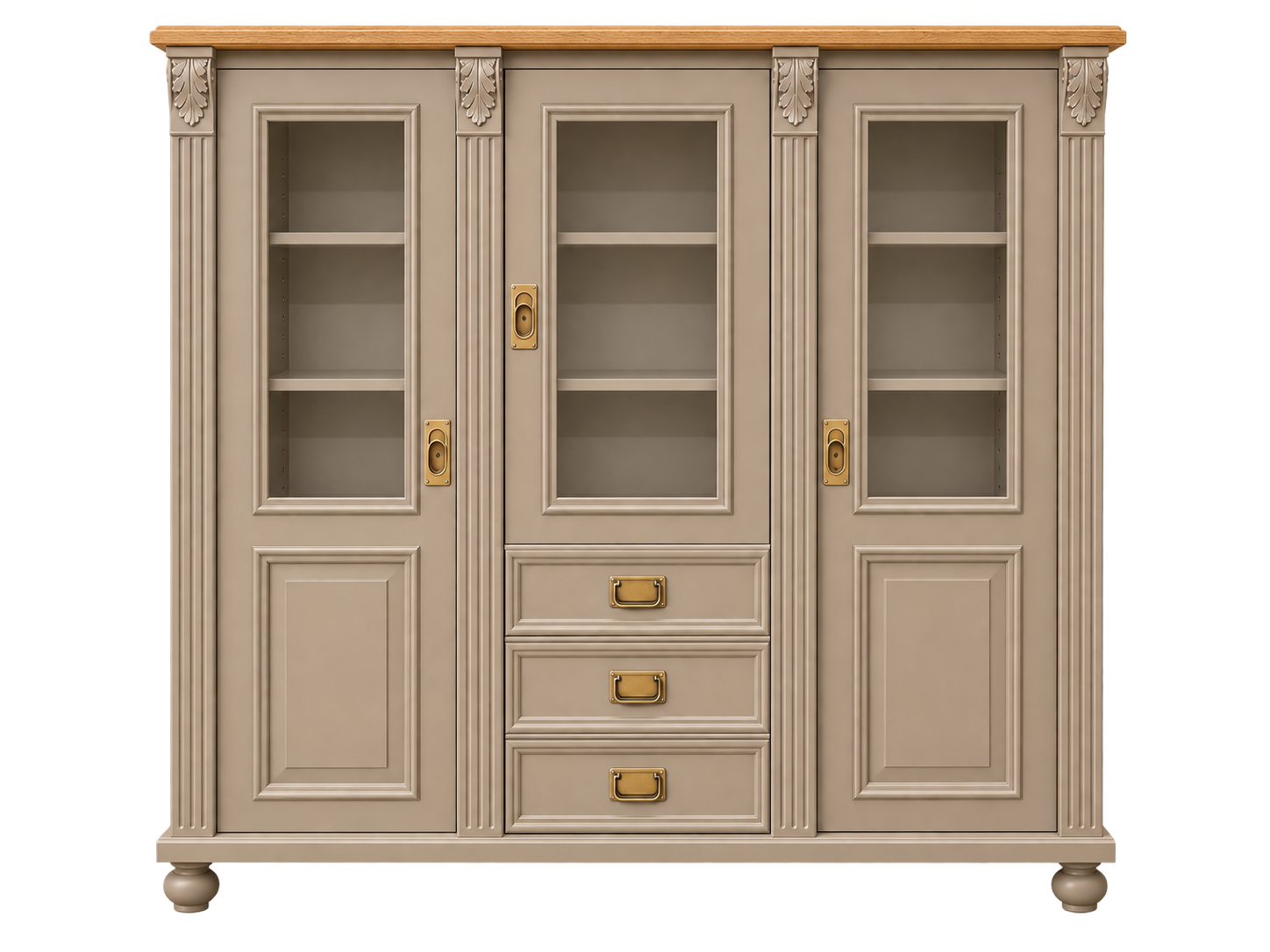Premium Jugendstil Vitrine aus Weichholz – Landhaus-Stil, graubeige lackiert, handgefertigt