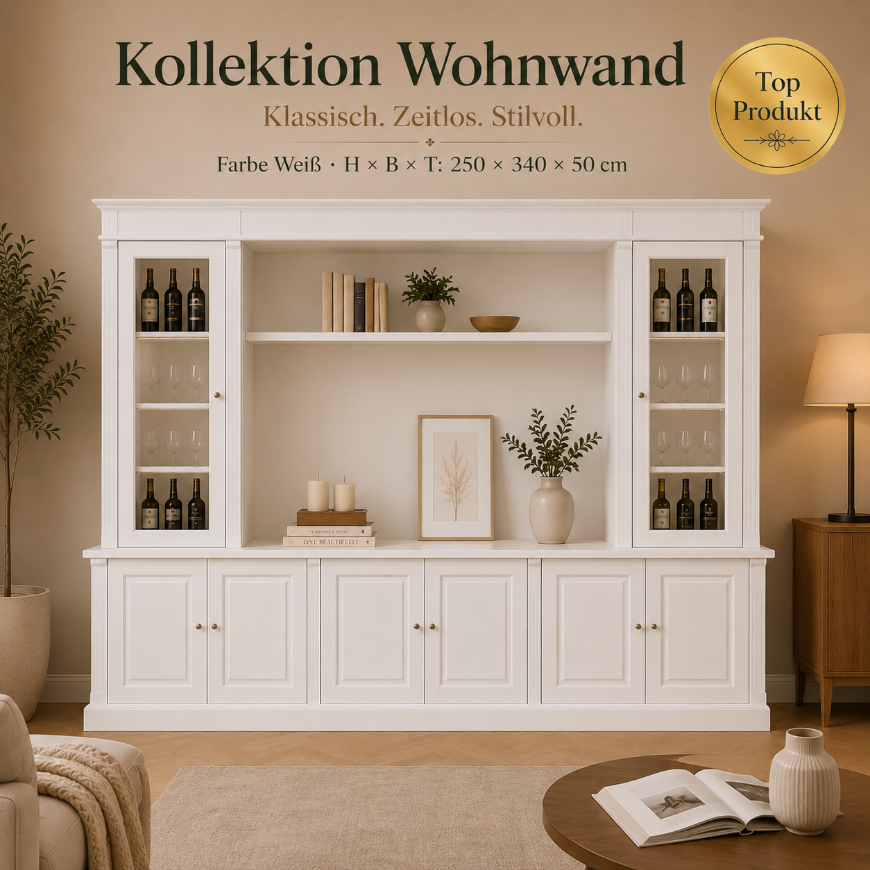 Wohnwand Weiß 340 cm mit 2 Vitrinen – Große weiße Schrankwand mit Stauraum